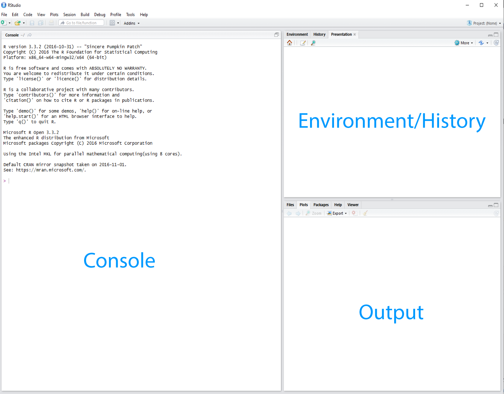 The Rstudio Integrated Development Environment (IDE).