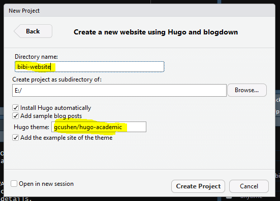 Create a new directory with a suitable name with no spaces and choose a theme, here we’re using gchusen/hugo-academic.