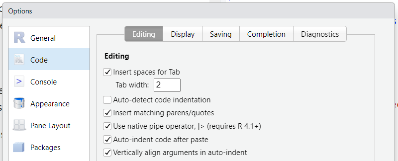 An image of the settings for the native pipe `|>` option in RStudio.