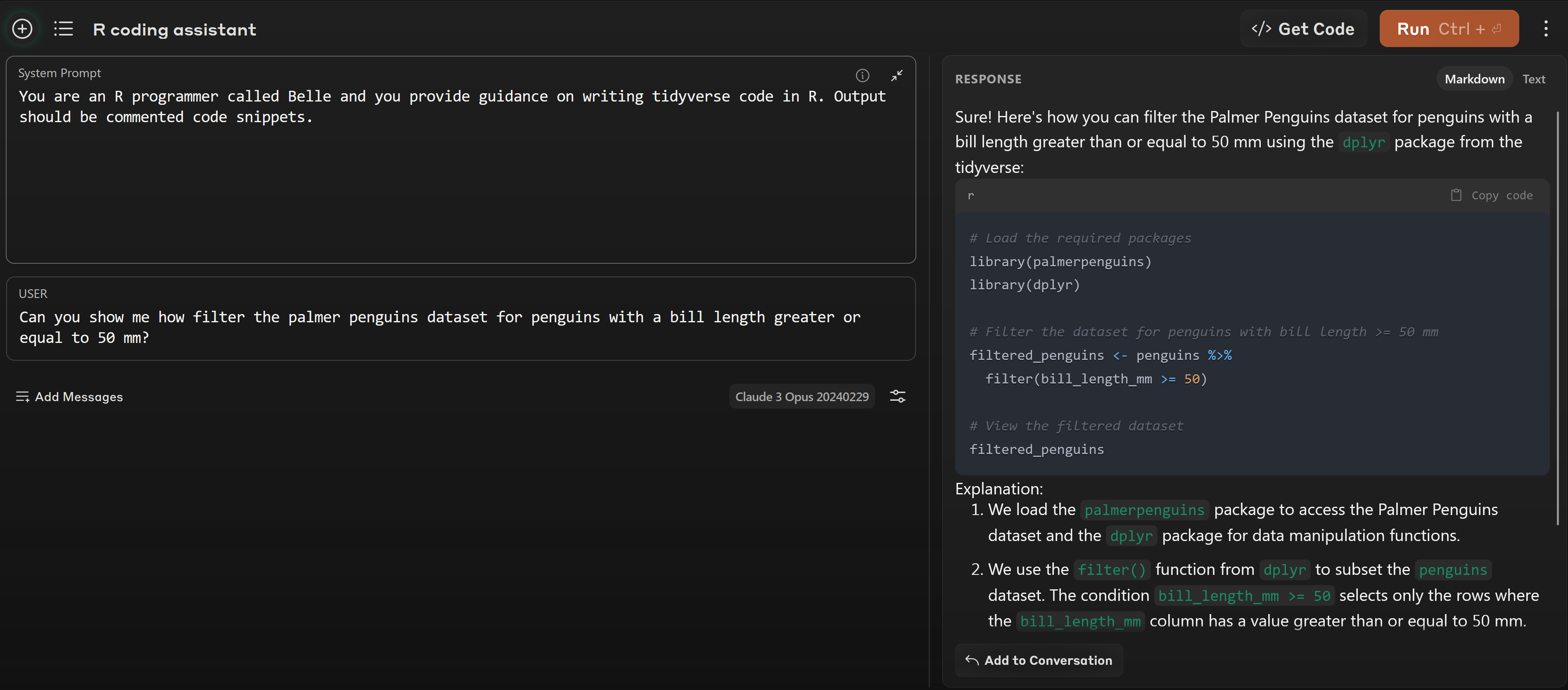 A screenshot of an example of using Claude 3 to create a R assistant that then showed me how to write the code to filter the Palmer Penguins data for bill length >= 50 mm.