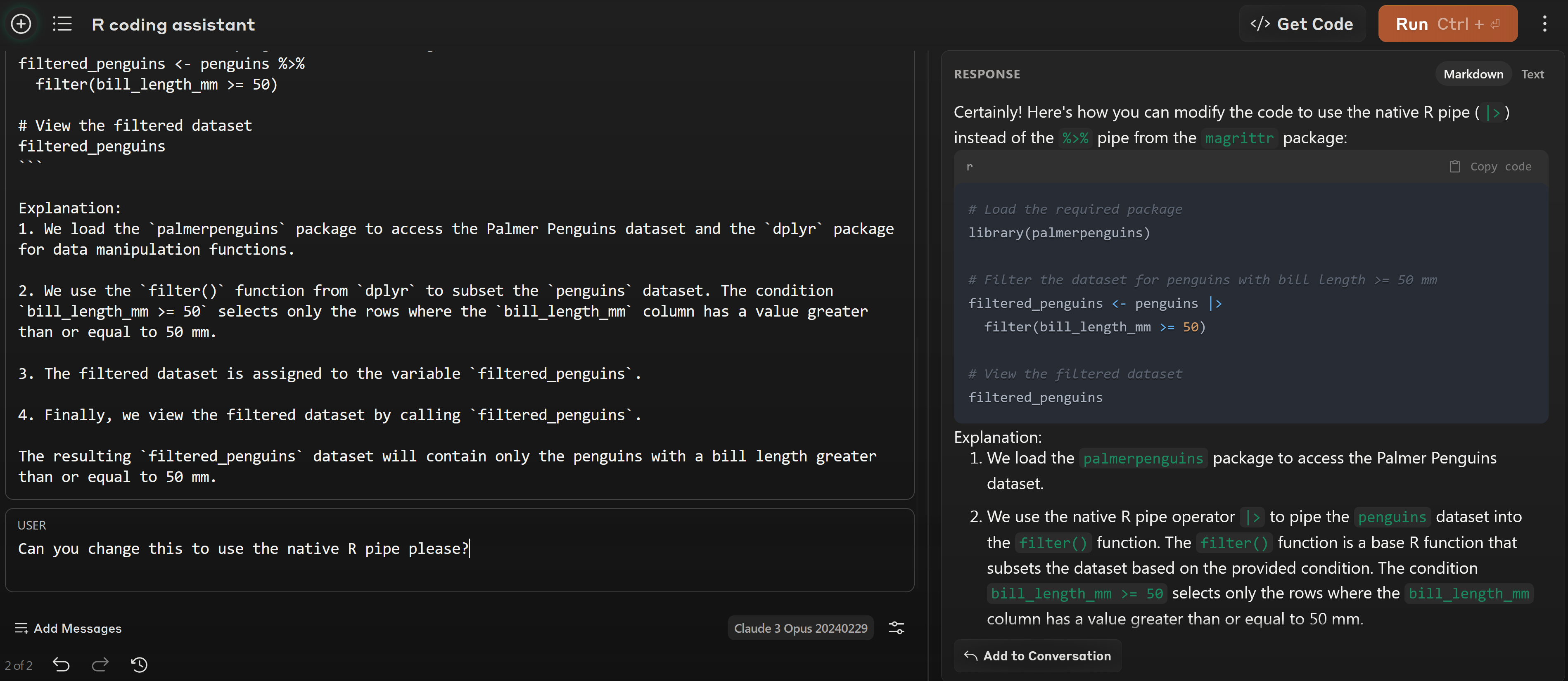 A screenshot of an example of updating my Claude 3 R assistants ouput to show me how to write the code to filter the Palmer Penguins data for bill length >= 50 mm using the native R pipe operator.