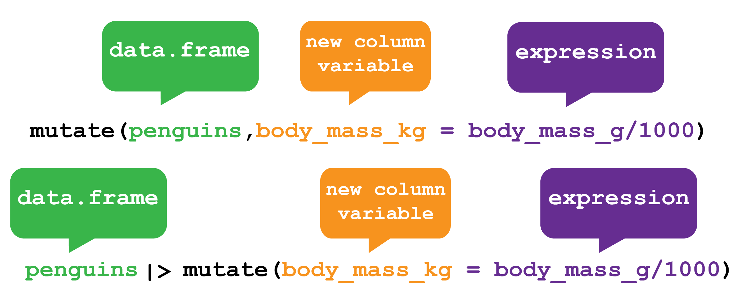 The `dplyr mutate` function. The mutate function creates new column variables in your data frame. Here mutate creates a new variable called `body_mass_kg` in the Palmer Penguins data.frame by dividing the values in the `body_mass_g` column by 1000 and storing the answer in new variable `body_mass_kg`. The function can either be used by providing the `penguins` data.frame as the first argument to the function or by passing the `penguins` data.frame via a pipe.