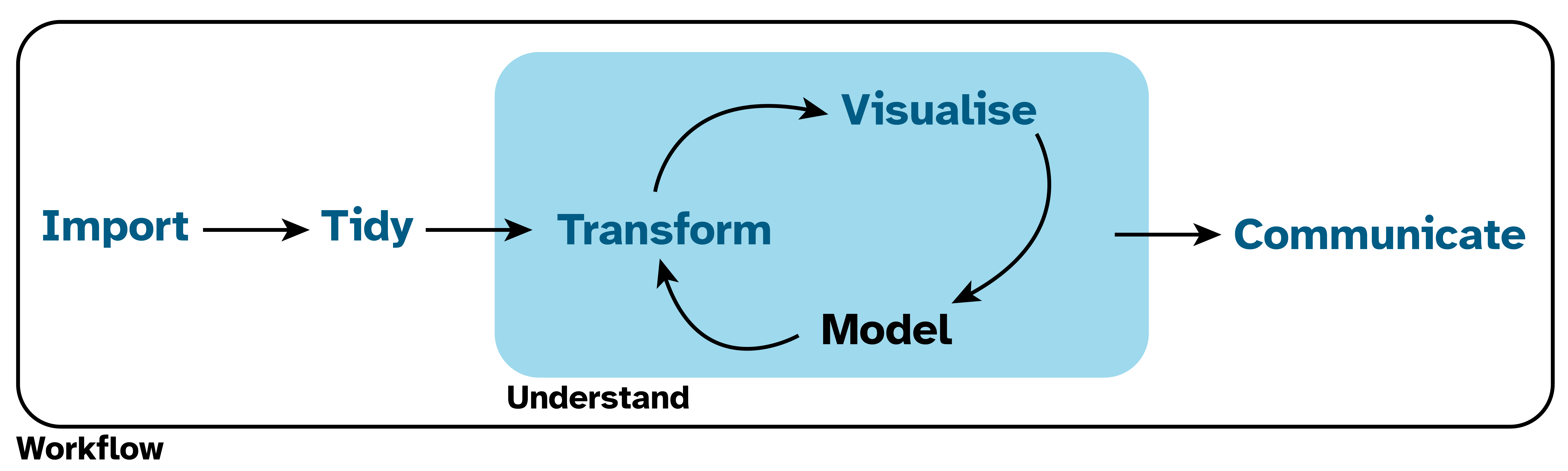 A diagram displaying the data science cycle: Import -> Tidy ->  Understand  (which has the phases Transform -> Visualize -> Model in a  cycle) -> Communicate. Surrounding all of these is Workflow  Import, Tidy, Transform, and Visualise are highlighted.