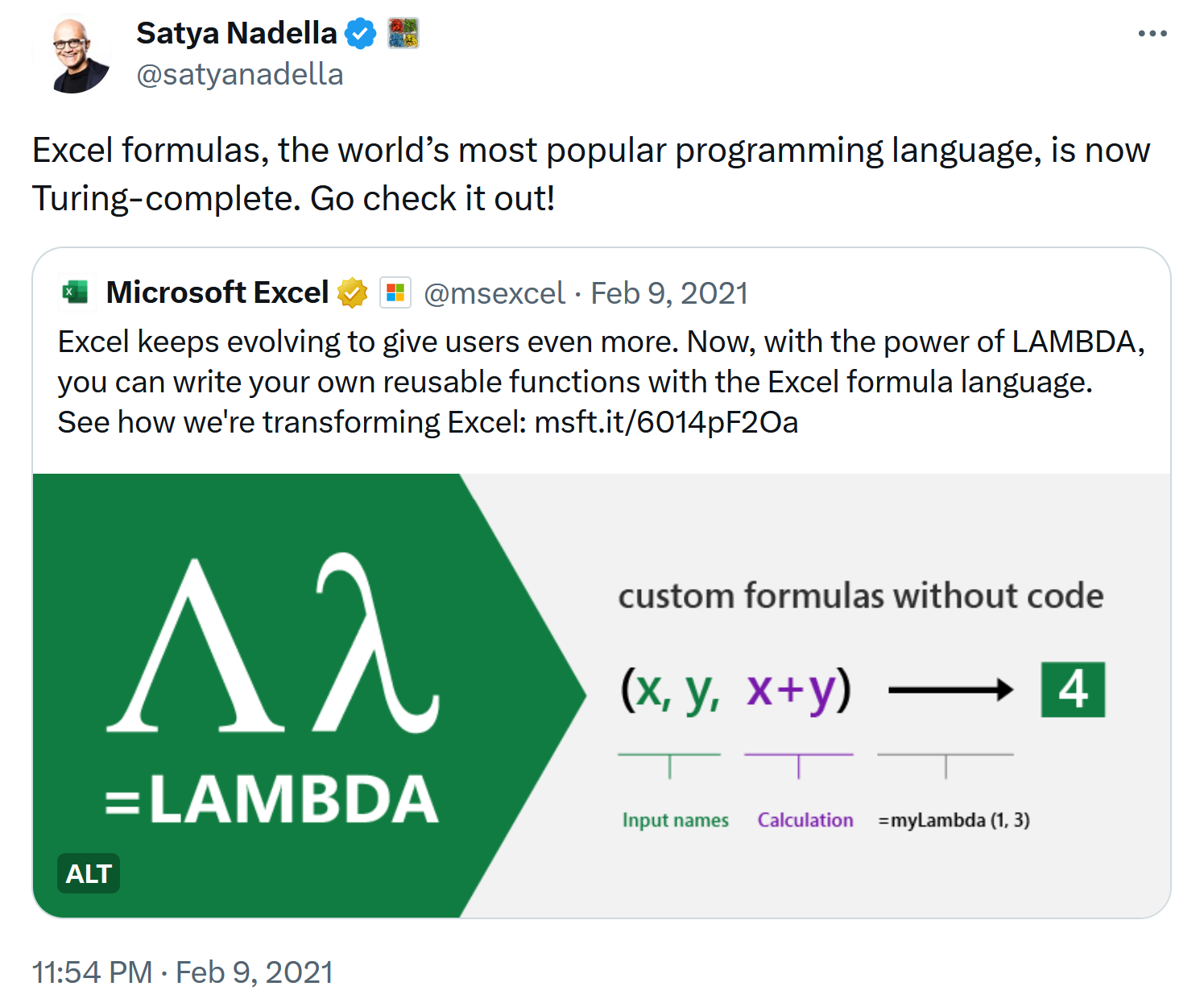 An image of a tweet from the head of Microsoft announcing that Excel is Turing-complete.
