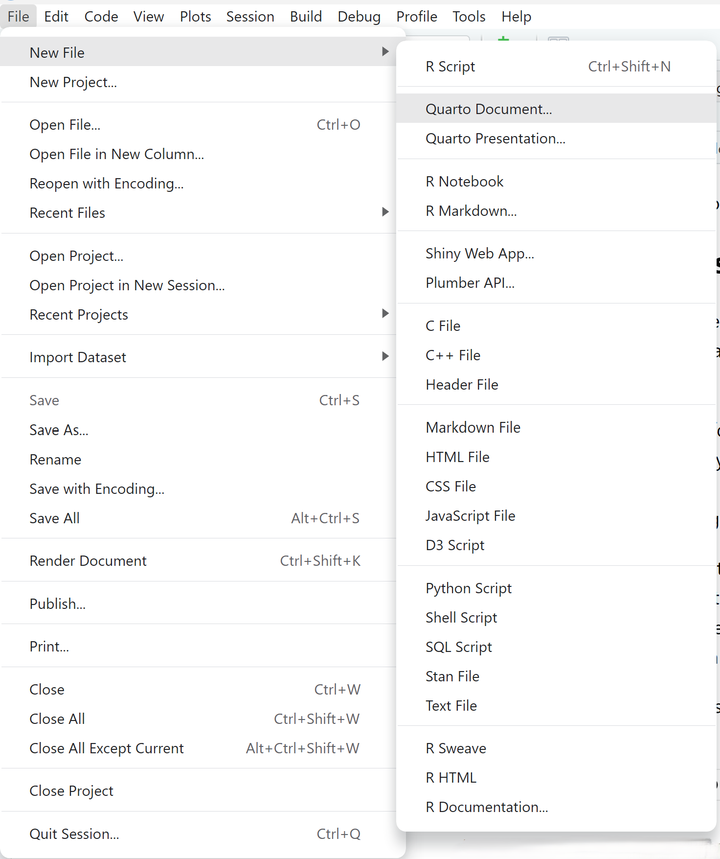 A screenshot of the new document menu opened from the file menu in R Studio