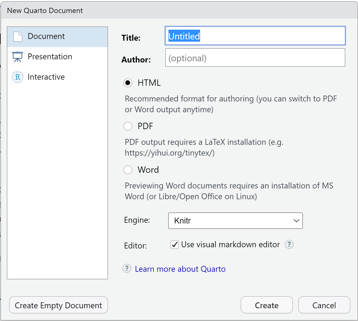 A screenshot of the new Quarto Document dialogue box in R Studio