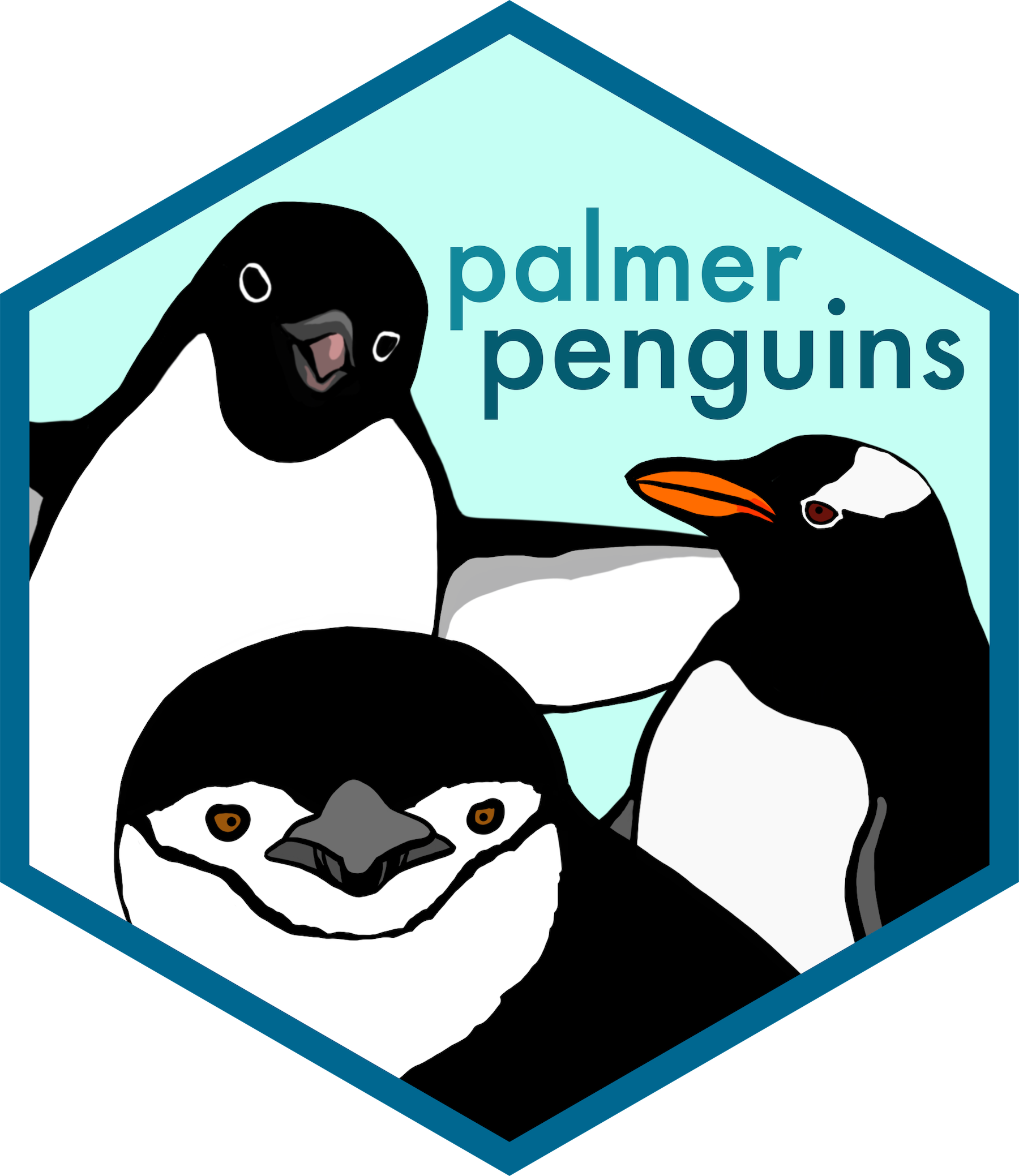Hexagon sticker with the title Palmer Penguins and drawings of Chinstrap, Gentoo  and Adélie penguins.