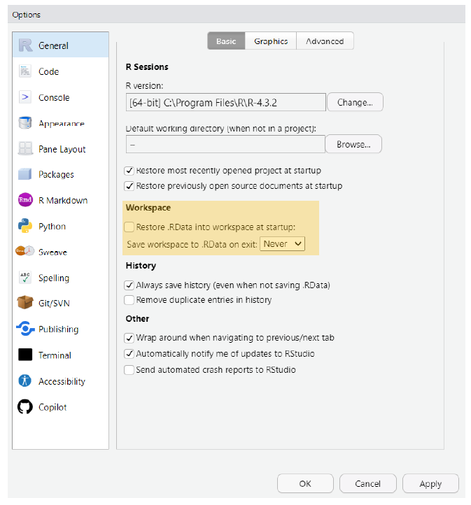 Image of the RStudio Global Options Save workspace to .RData on exit set to Never.